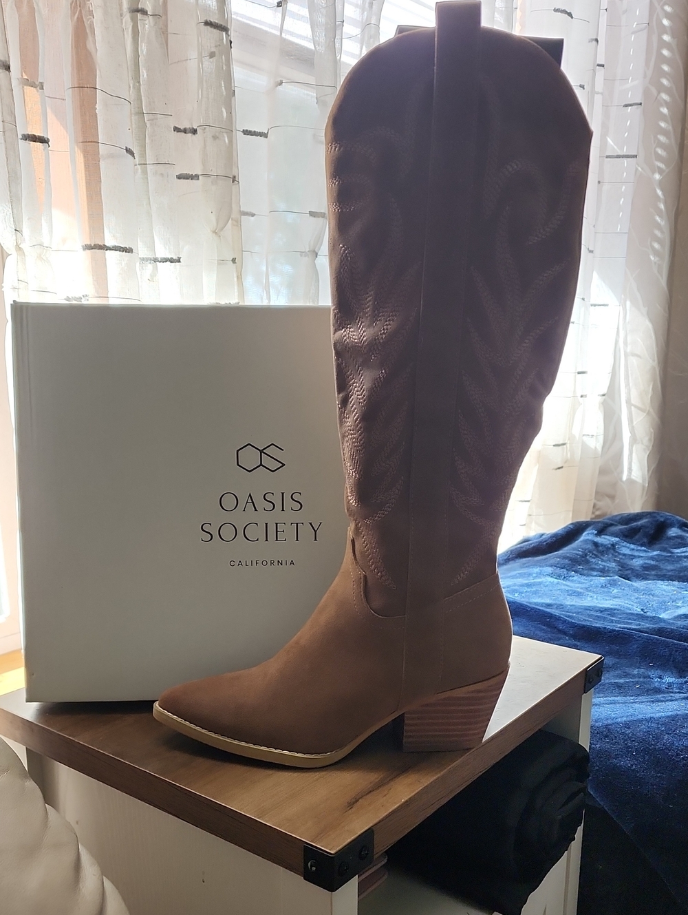 Oasis Society Brown Western Knee-High Boot with Stacked Heel